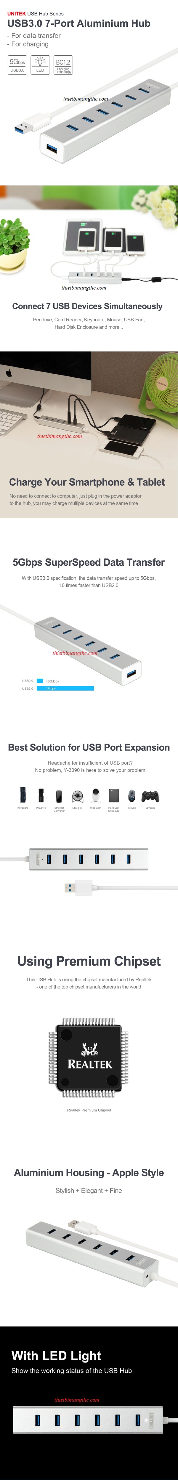 Bộ chia 7 cổng USB 3.0 chính hãng Unitek Y-3090